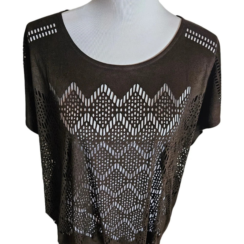 Chicos Chocolate Brown Ultra Suede Coquette Top Size 2 US 12 Large Sheer Blouse - Picture 3 of 12